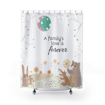 Inspirational Shower Curtain – Beautiful Woodland Animals Scene - A Family’s Love is Forever