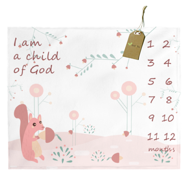 Christian Milestone Blanket - Woodland Squirrel, Pink - John 1:12, I Am a Child of God – Plush Velveteen, 50"x60"