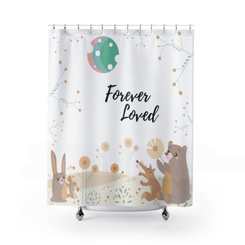 Inspirational Shower Curtain – Beautiful Woodland Animals Scene – Forever Loved
