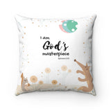 Inspirational Christian Throw Pillow – God’s Masterpiece/Child of God, Woodland Animals – Spun Polyester, 14”x14"